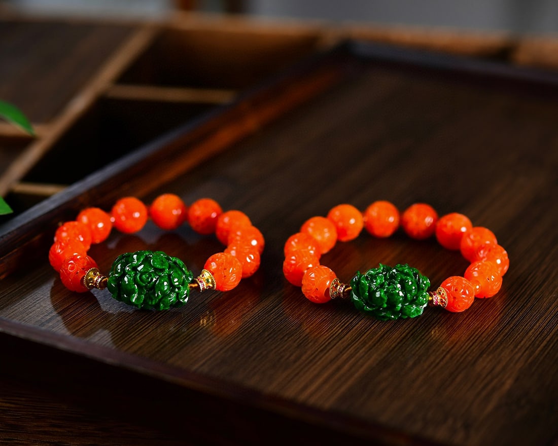 Red Jadeite Ball & Green Jadeite Flower Bracelet Bangle - 3