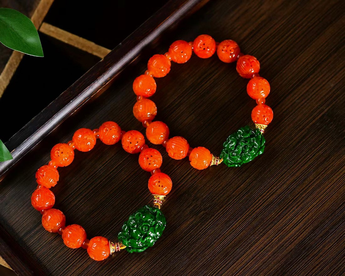 Red Jadeite Ball & Green Jadeite Flower Bracelet Bangle - 4
