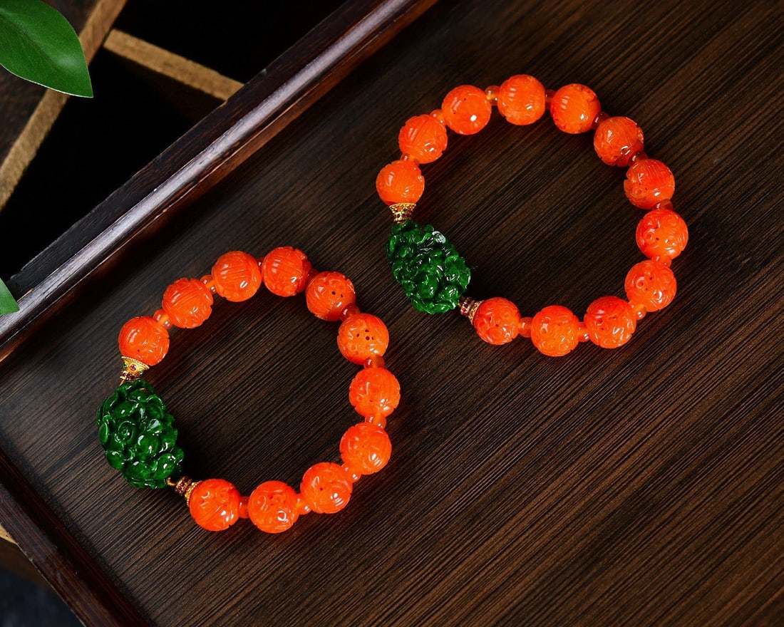 Red Jadeite Ball & Green Jadeite Flower Bracelet Bangle - 5