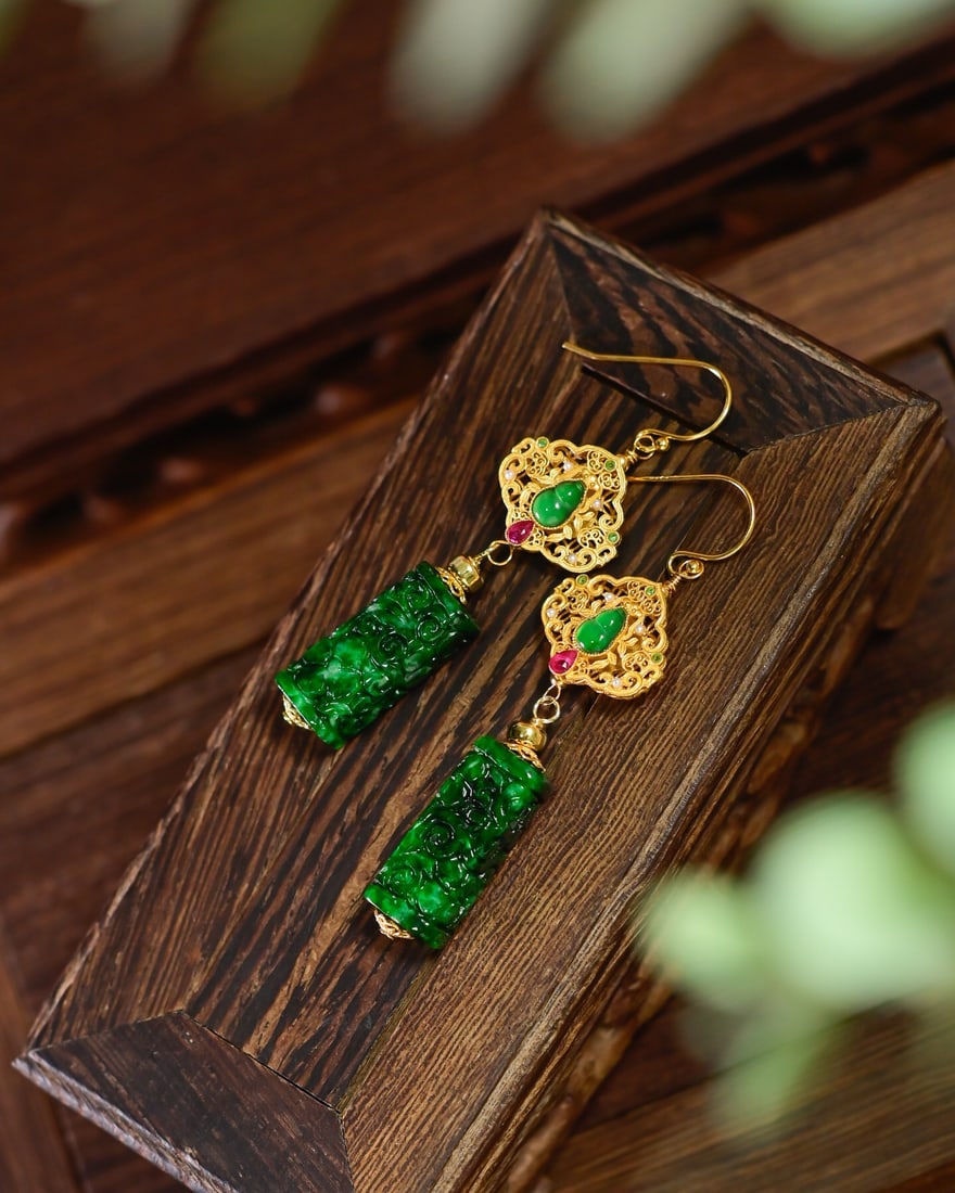 S925 Silver Inlay Green Jadeite Earrings - 2