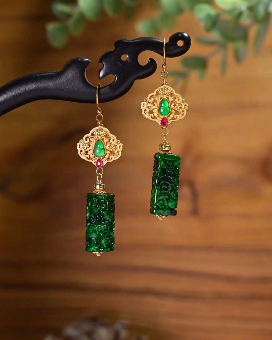 S925 Silver Inlay Green Jadeite Earrings - 3
