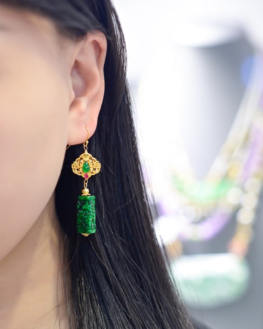 S925 Silver Inlay Green Jadeite Earrings - 4