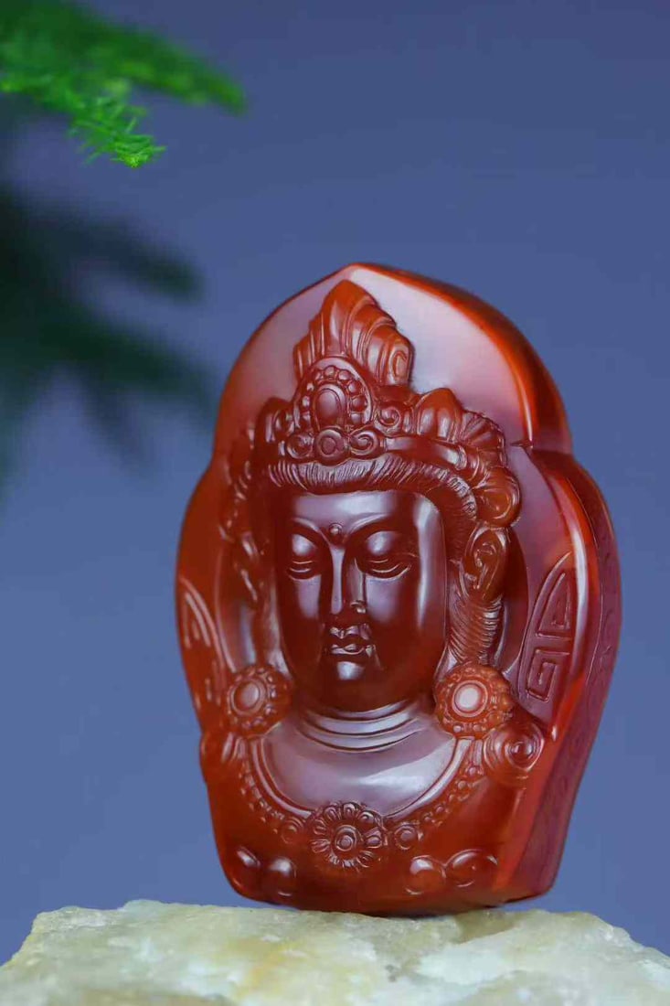 Nanhong Agate Hand-Carved Kwan-yin Pendant with Certificate - 2