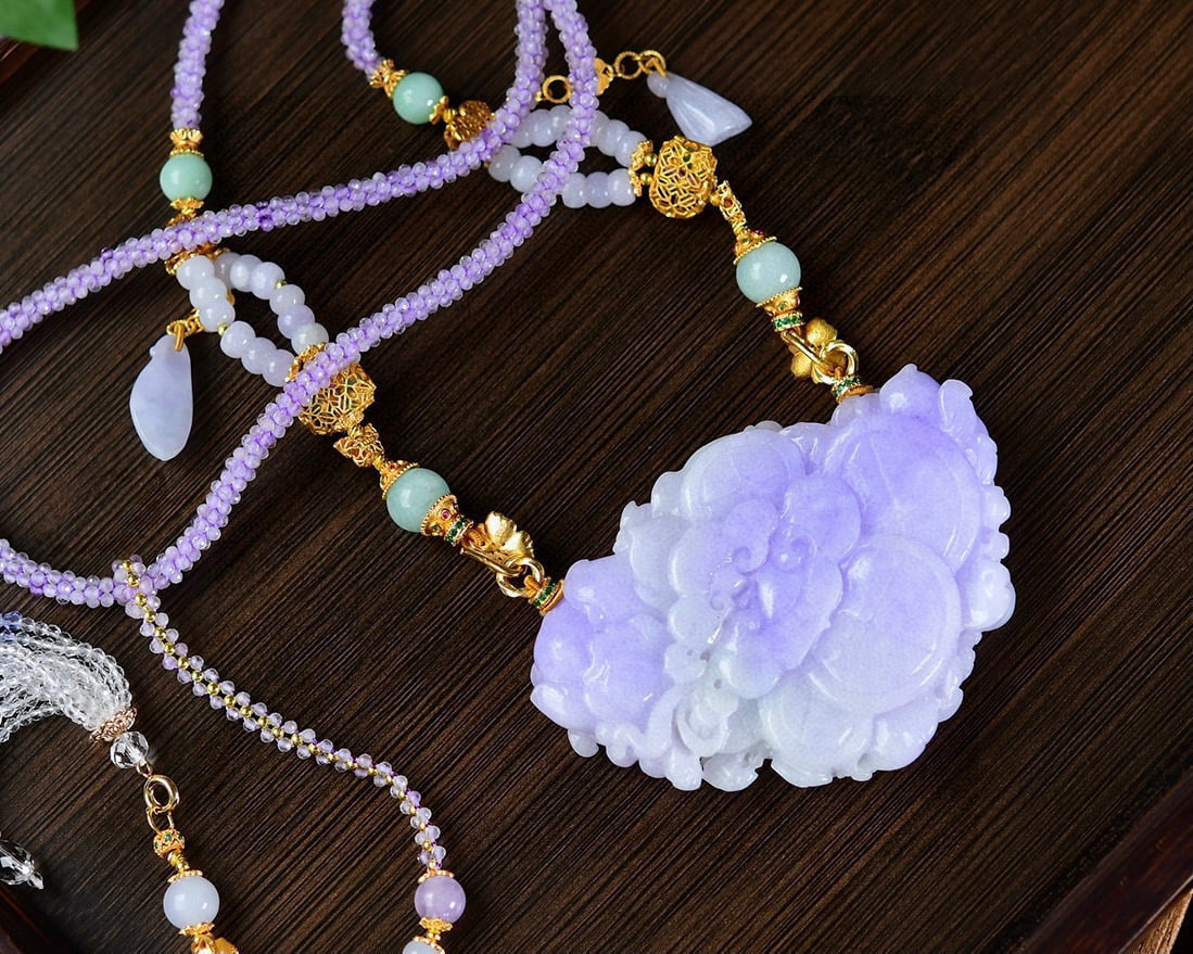 Purple Jadeite Hand-Carved Flower Bird Pendant with Certificate - 5