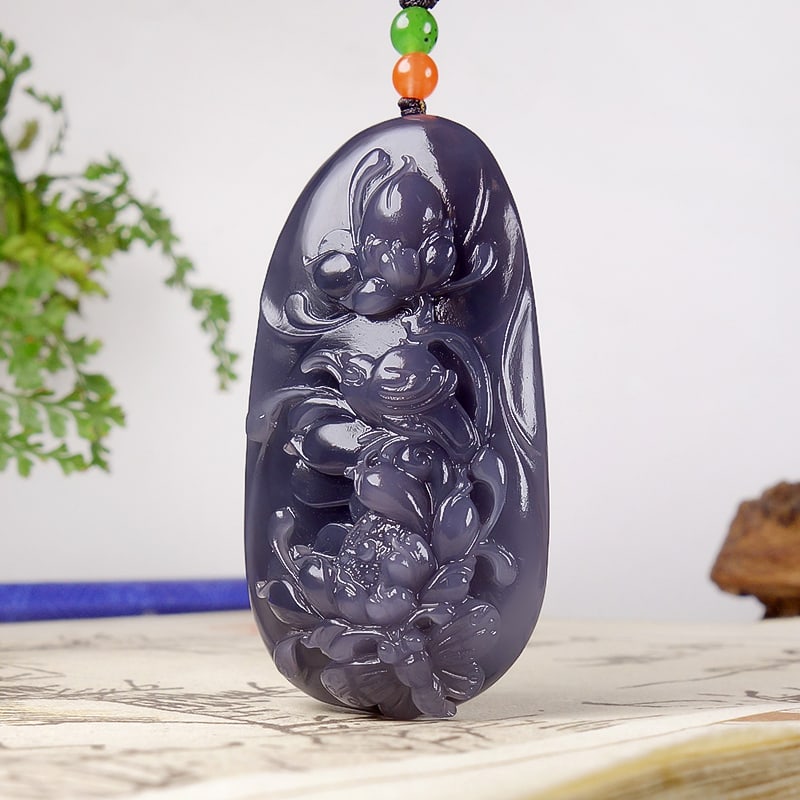 Hetian Jade Hand-Carved Magpie & Lotus Pendant with Certificate - 3