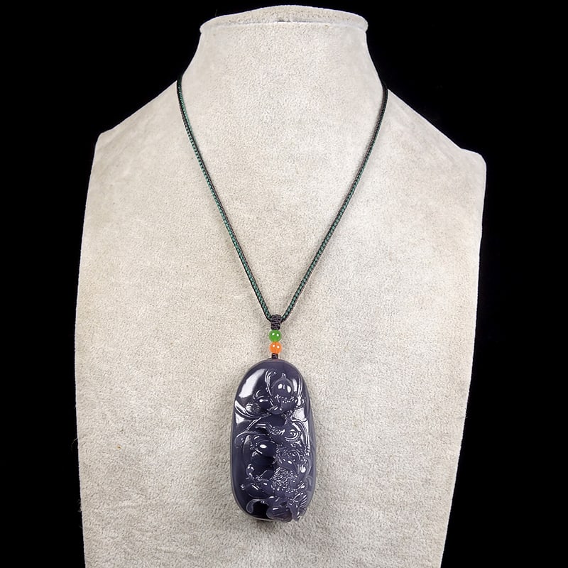 Hetian Jade Hand-Carved Magpie & Lotus Pendant with Certificate - 8