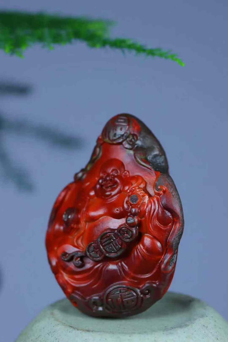 Natural Nanhong Agate Hand-Carved Laughing Buddha Pendant with Certificate - 4
