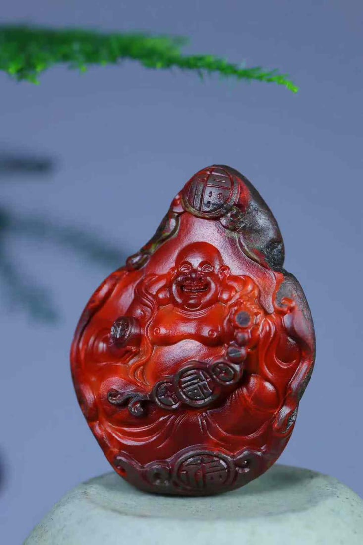 Natural Nanhong Agate Hand-Carved Laughing Buddha Pendant with Certificate - 5