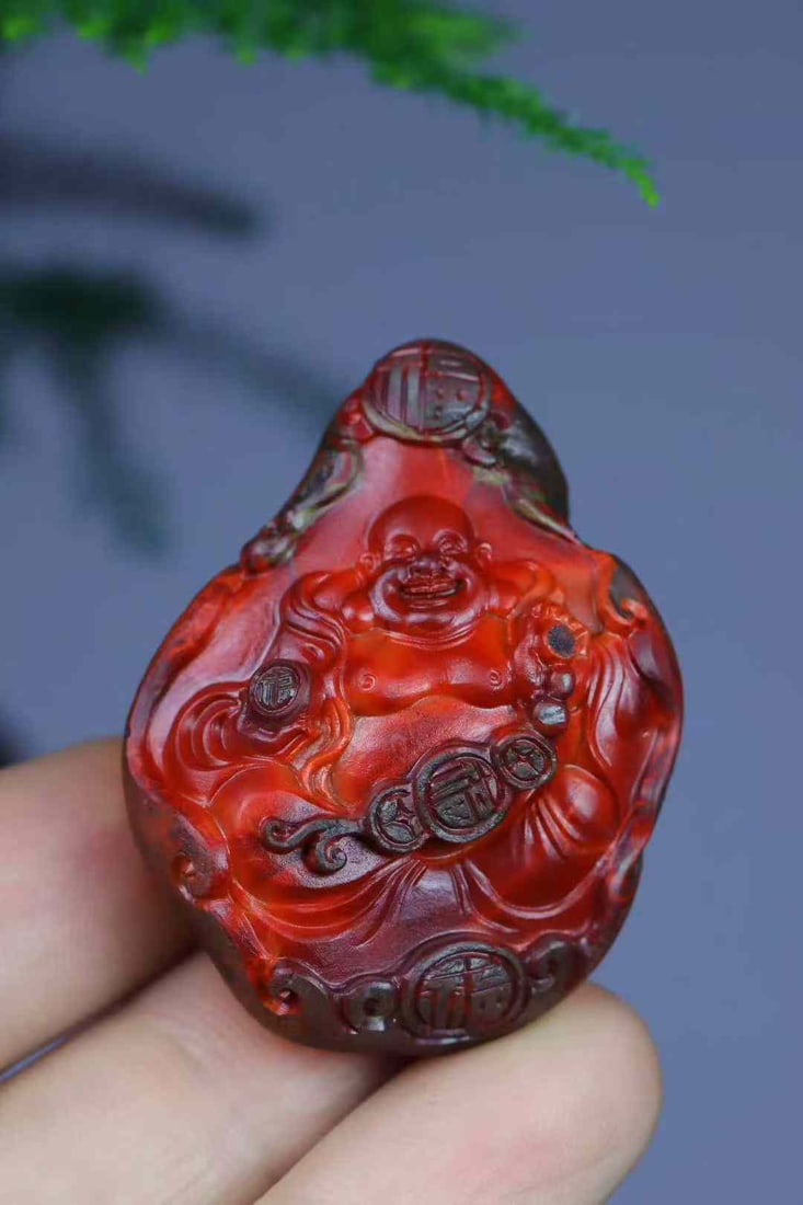 Natural Nanhong Agate Hand-Carved Laughing Buddha Pendant with Certificate - 6