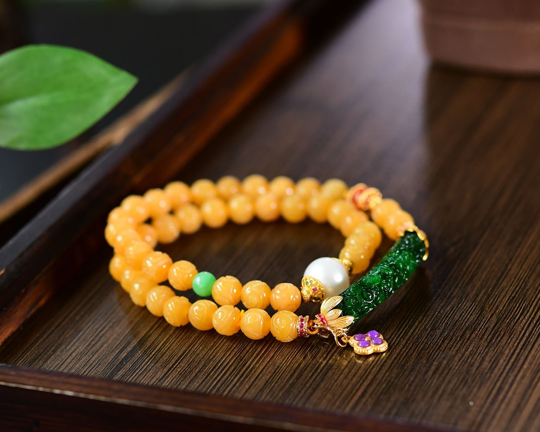 Natural Yellow Jadeite,Green Jadeite,Pearl Bracelet Bangle - 2