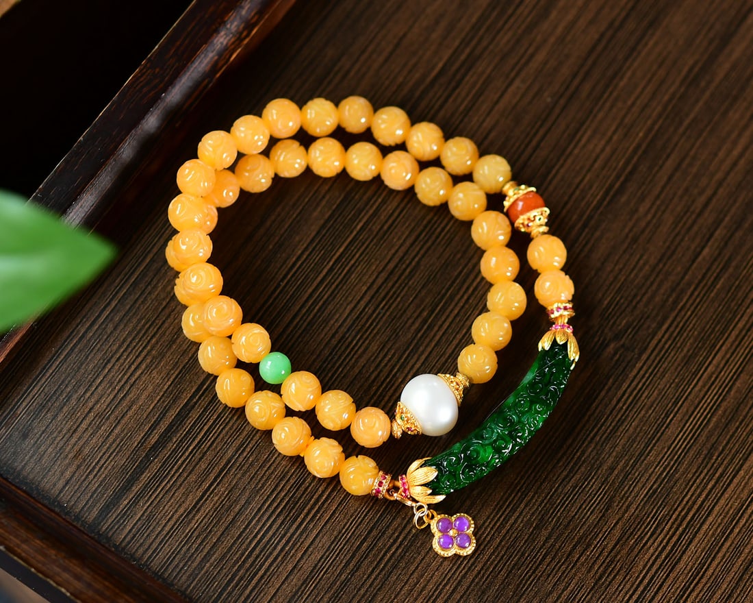 Natural Yellow Jadeite,Green Jadeite,Pearl Bracelet Bangle - 3