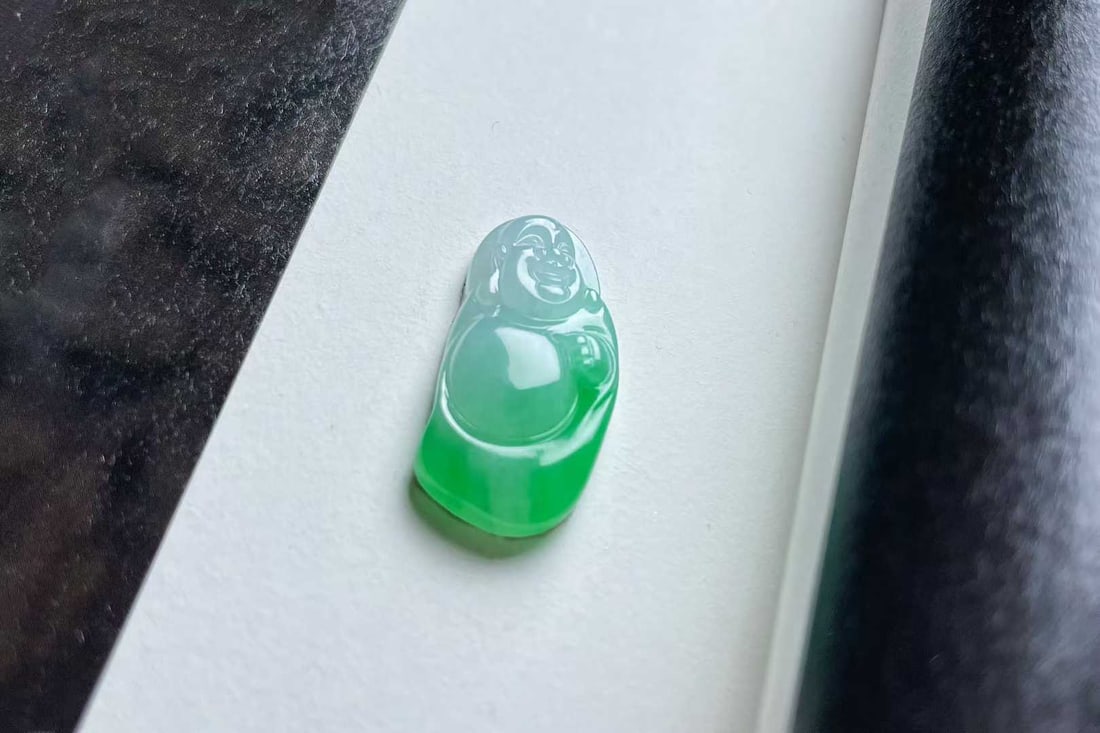 Natural Green Jadeite Pendant - Laughing Buddha - 3
