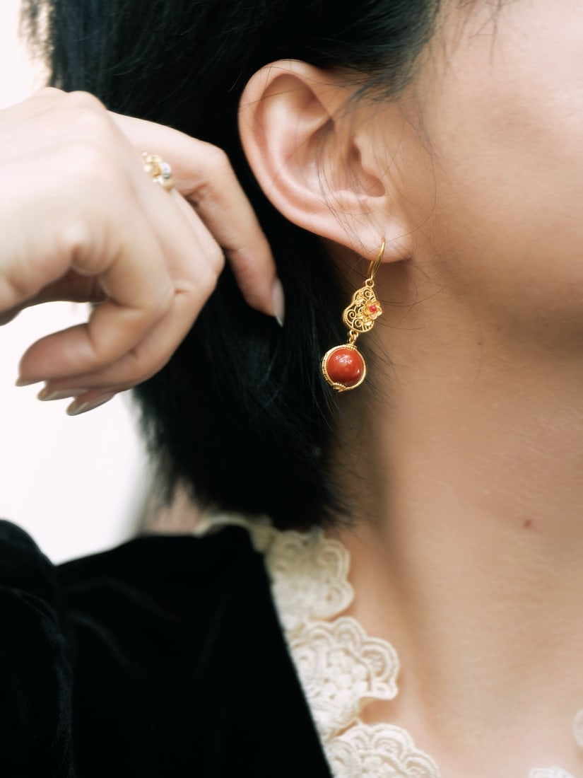 Silver Inlay Nanhong Agate Earrings - 7