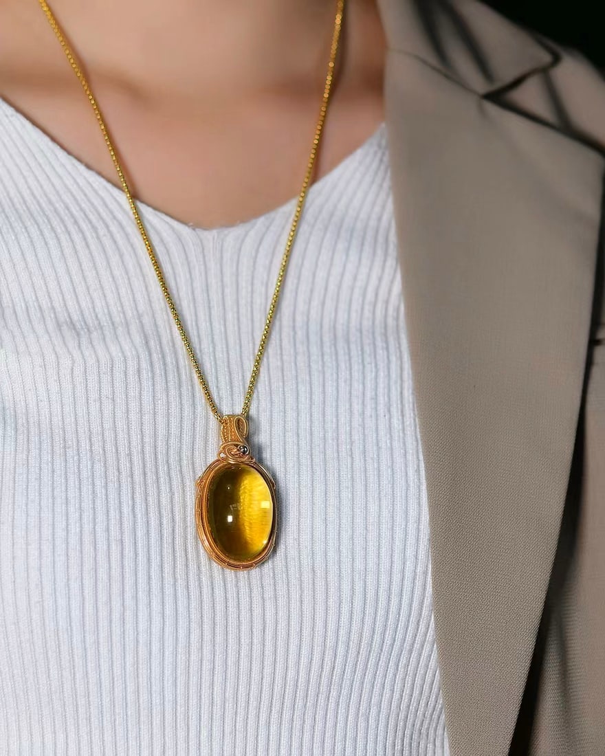 Silver Inlay Yellow Citrine Pendant - 6