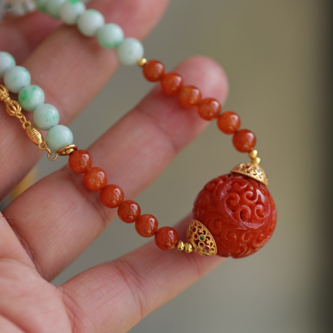 Natural Red,Green,Yellow Jadeite Necklace - 4