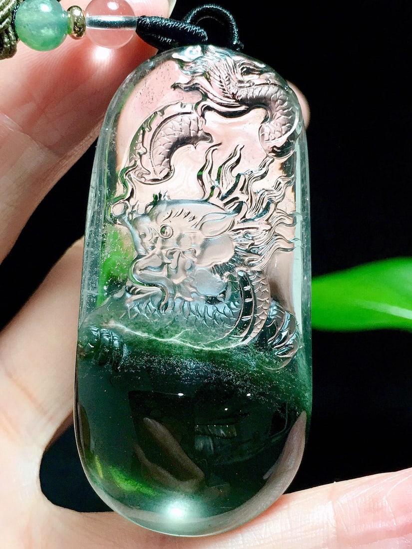 Green Crystal Hand-Carved Dragon Pendant with Certificate - 2
