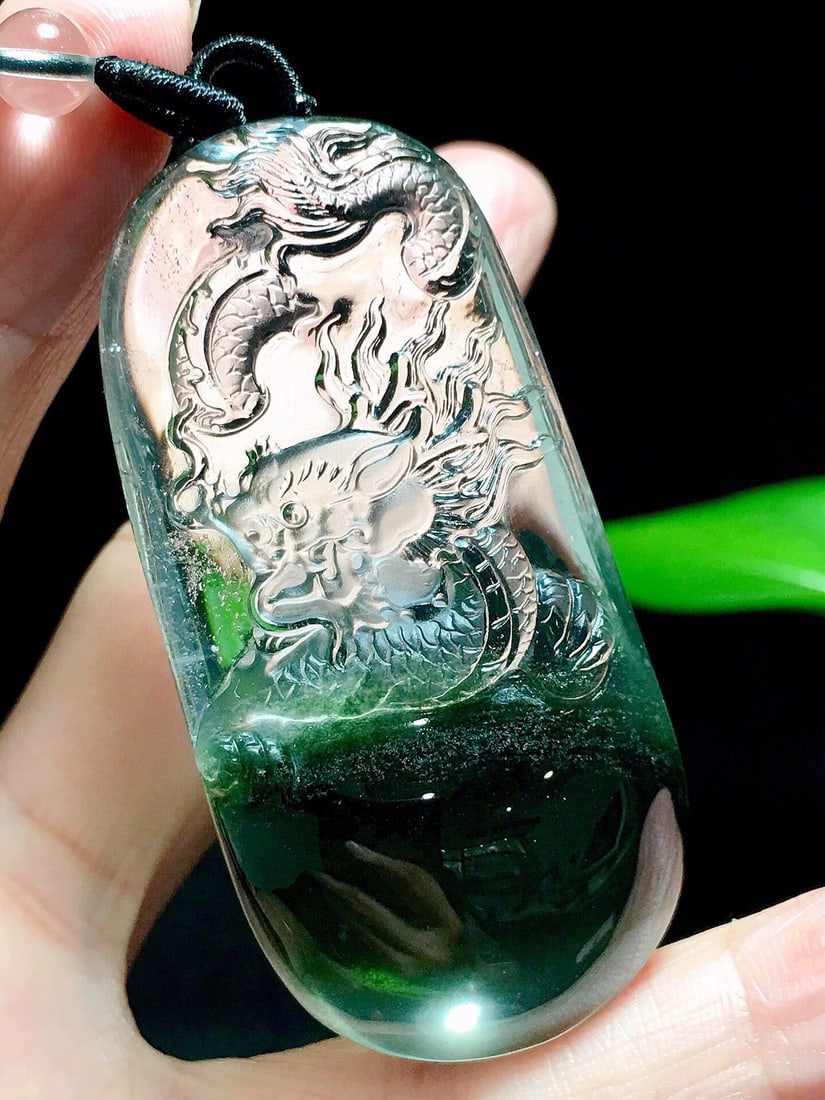 Green Crystal Hand-Carved Dragon Pendant with Certificate - 3