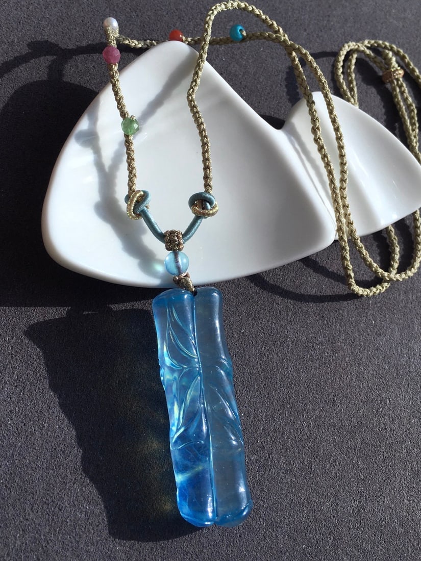 Natural Aquamarine Hand-Carved Bamboo Pendant - 3