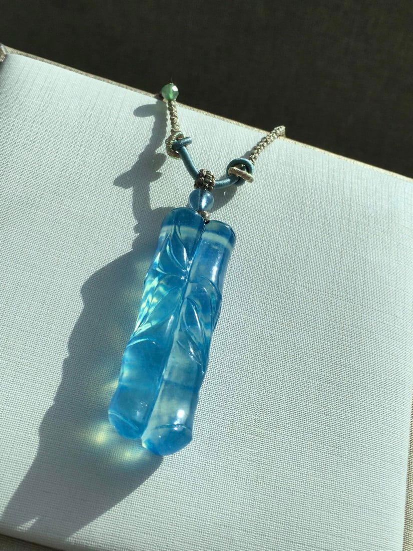 Natural Aquamarine Hand-Carved Bamboo Pendant - 4