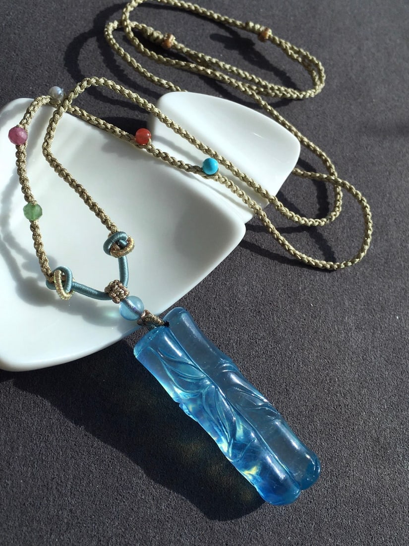 Natural Aquamarine Hand-Carved Bamboo Pendant - 5