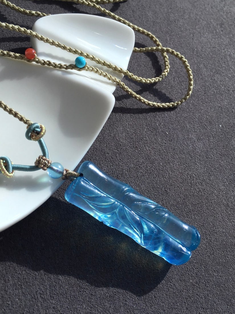 Natural Aquamarine Hand-Carved Bamboo Pendant - 6