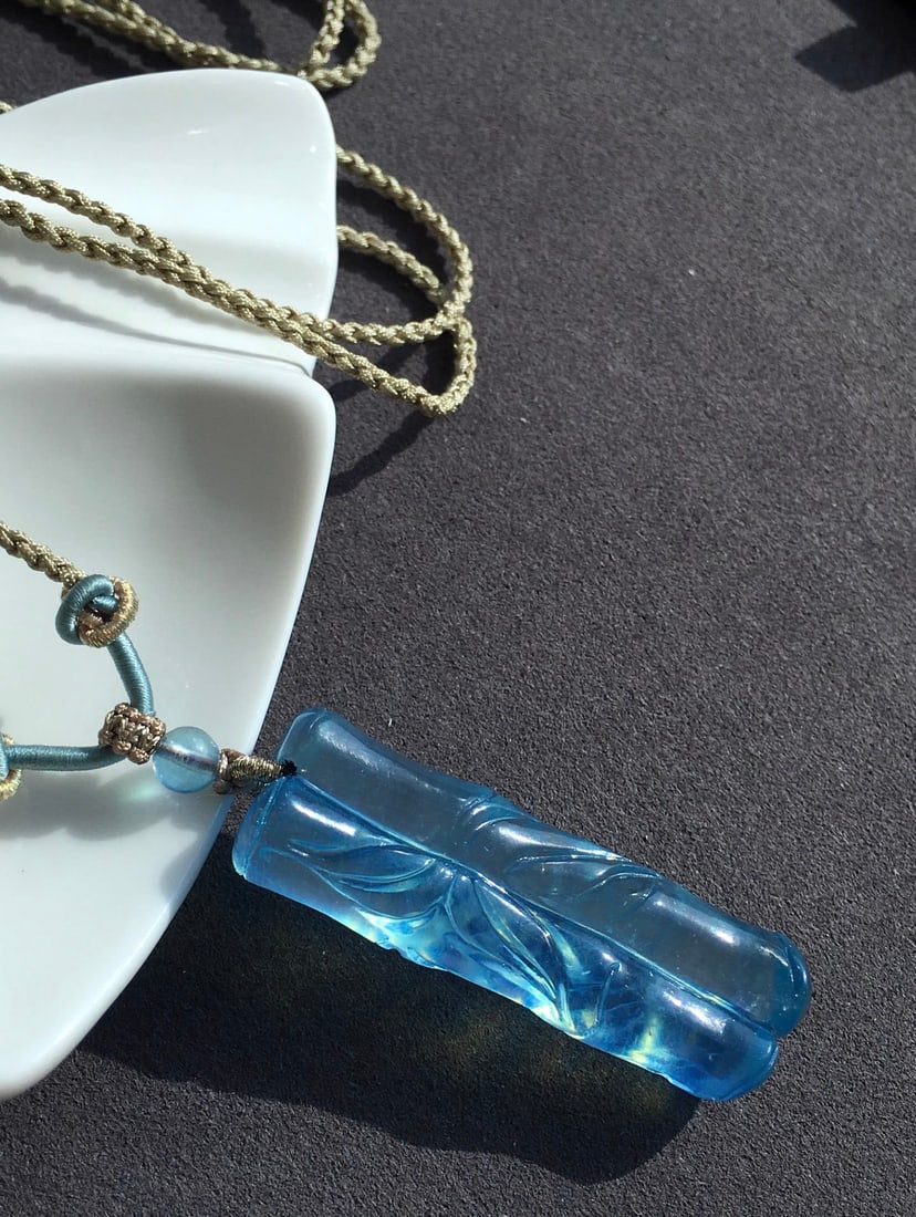 Natural Aquamarine Hand-Carved Bamboo Pendant - 7