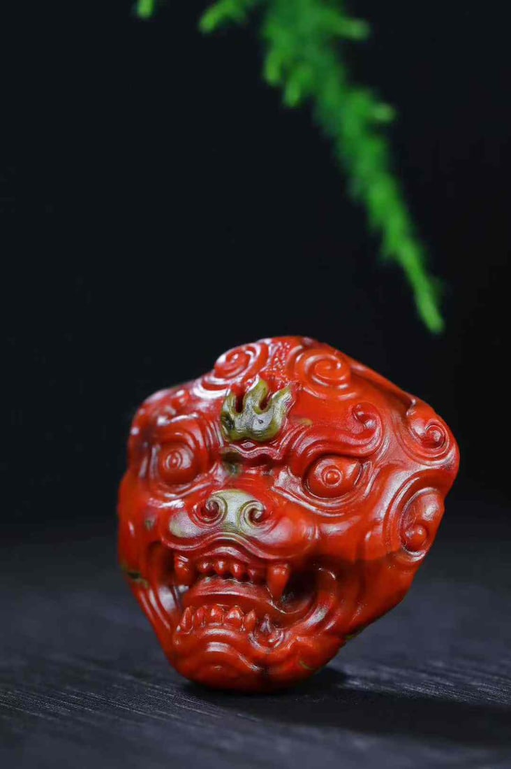 Nanhong Agate Hand-Carved Beast Head Pendant with Certificate - 2