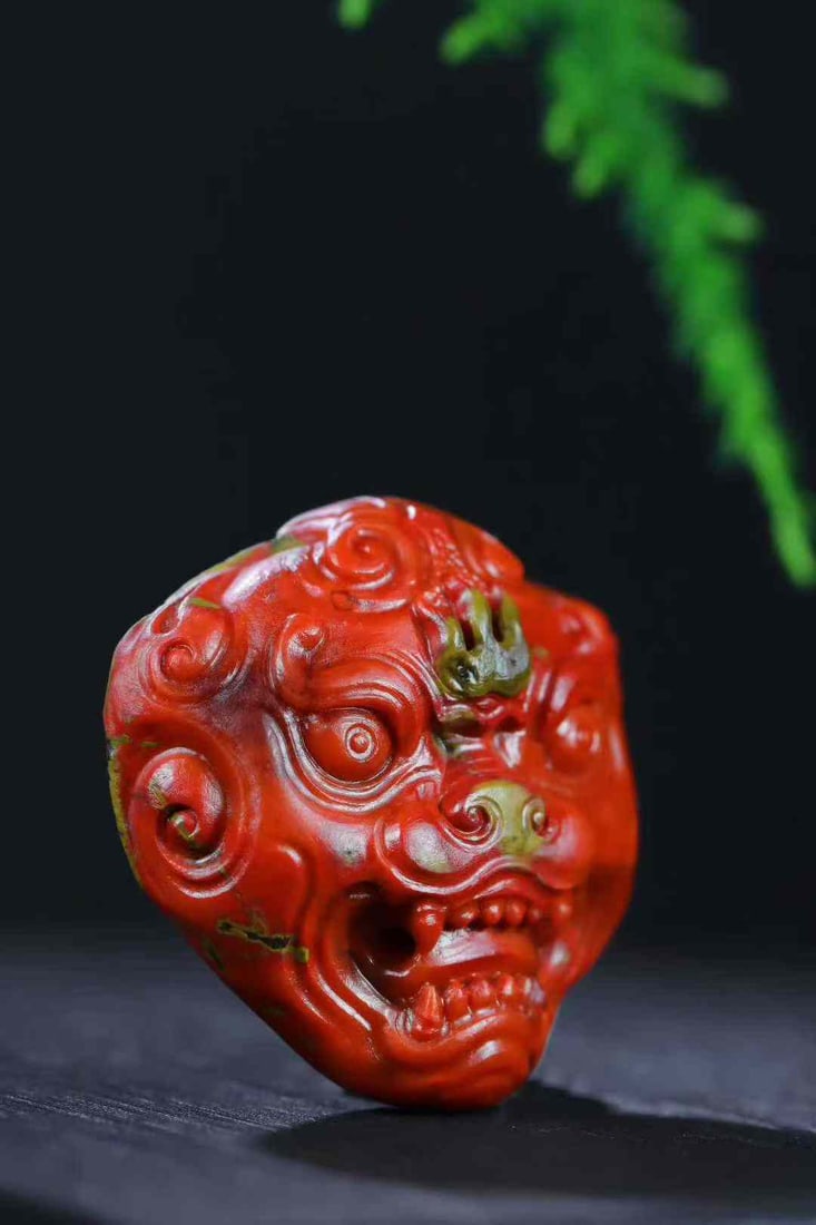Nanhong Agate Hand-Carved Beast Head Pendant with Certificate - 4