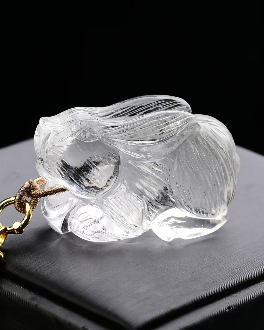 White Crystal Hand-Carved Rabbit Pendant with Certificate - 2