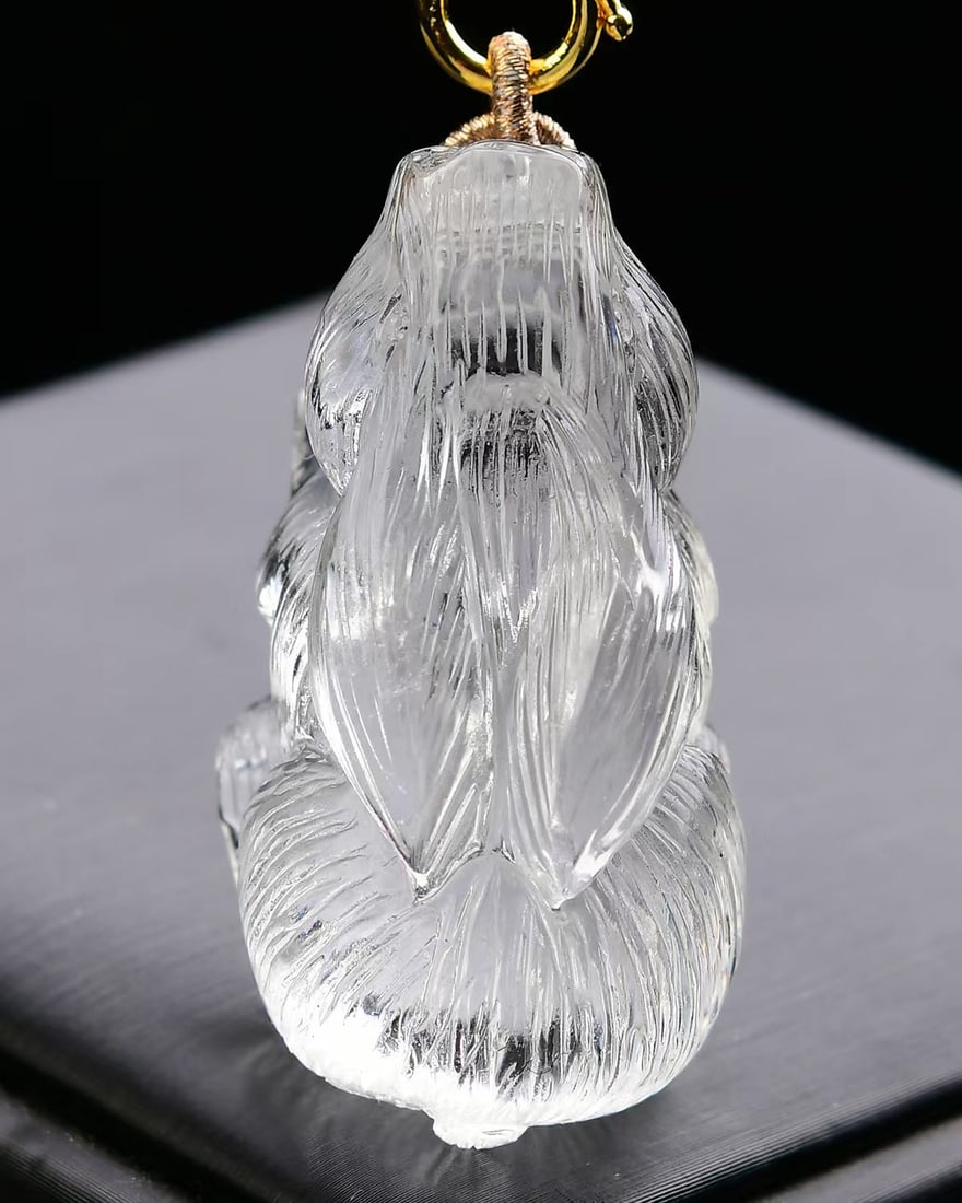 White Crystal Hand-Carved Rabbit Pendant with Certificate - 3