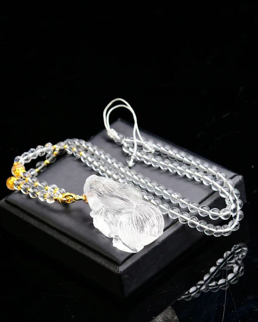 White Crystal Hand-Carved Rabbit Pendant with Certificate - 5