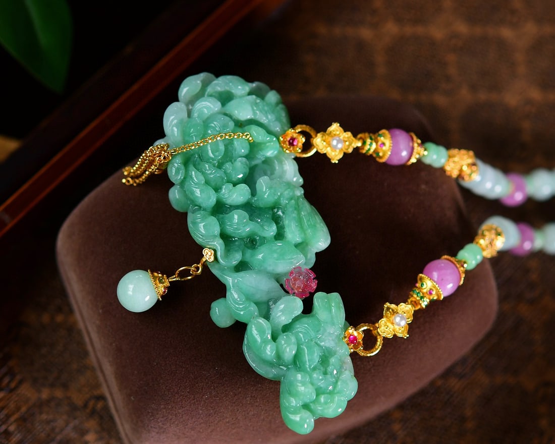 Pink Tourmaline,Green Jadeite Hand-Carved Peony Pendant - 2