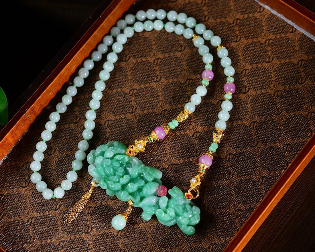 Pink Tourmaline,Green Jadeite Hand-Carved Peony Pendant - 3