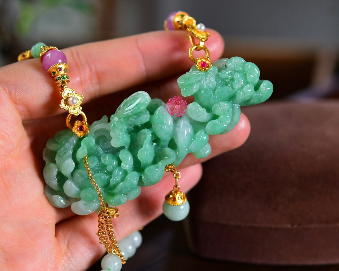 Pink Tourmaline,Green Jadeite Hand-Carved Peony Pendant - 4