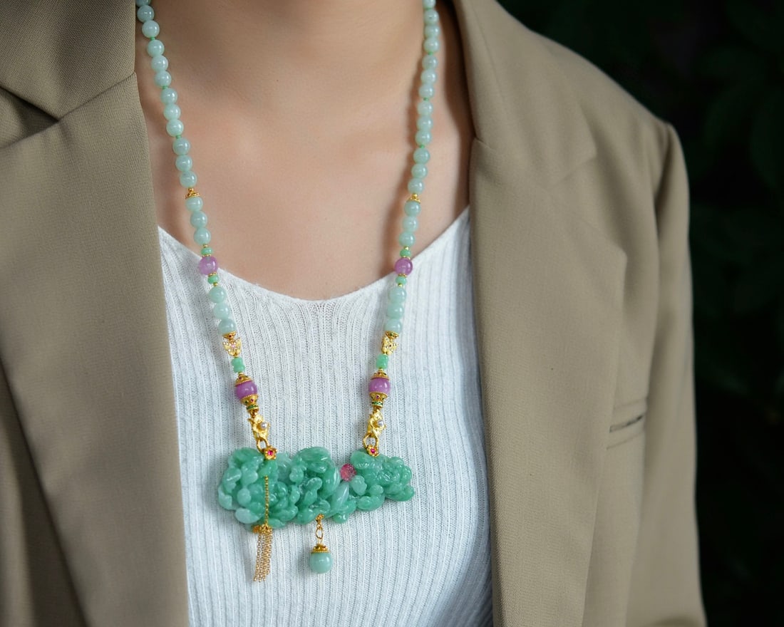 Pink Tourmaline,Green Jadeite Hand-Carved Peony Pendant - 5