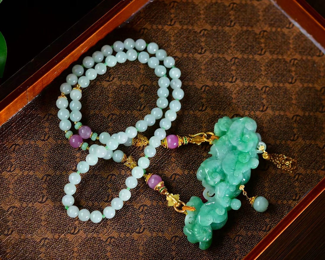 Pink Tourmaline,Green Jadeite Hand-Carved Peony Pendant - 6