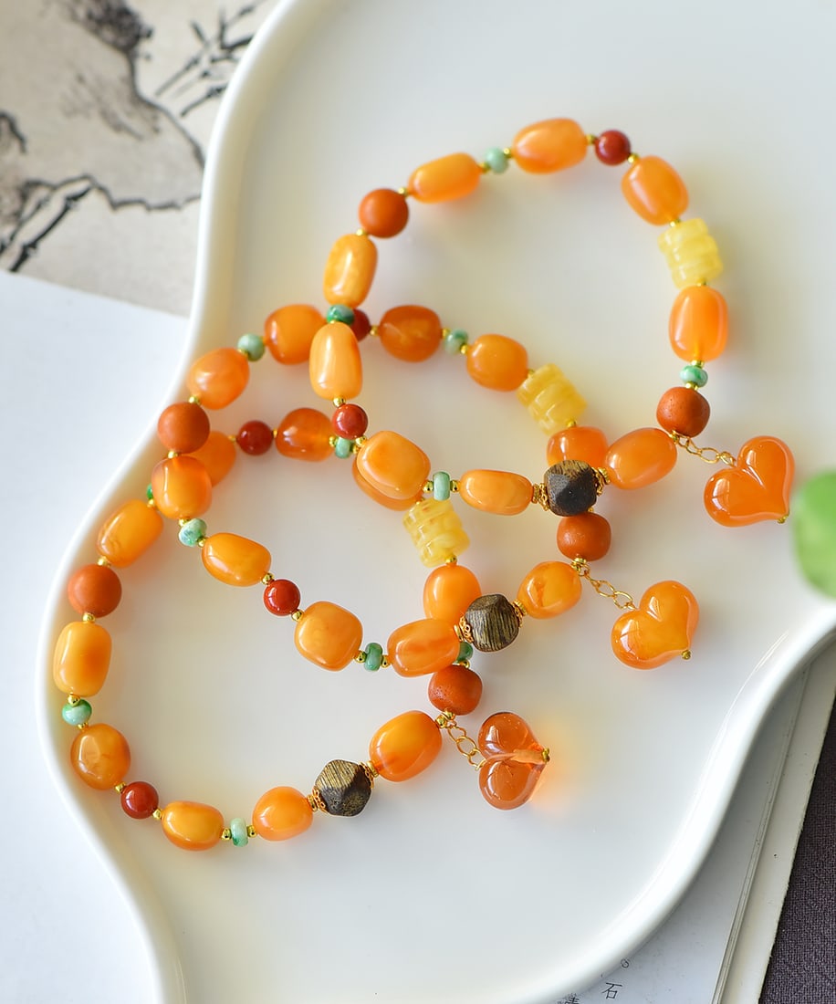 Hand knitting Yellow Beeswax,Chenxiang Wood,Agate,Jadeite Bracelet Bangle - 4