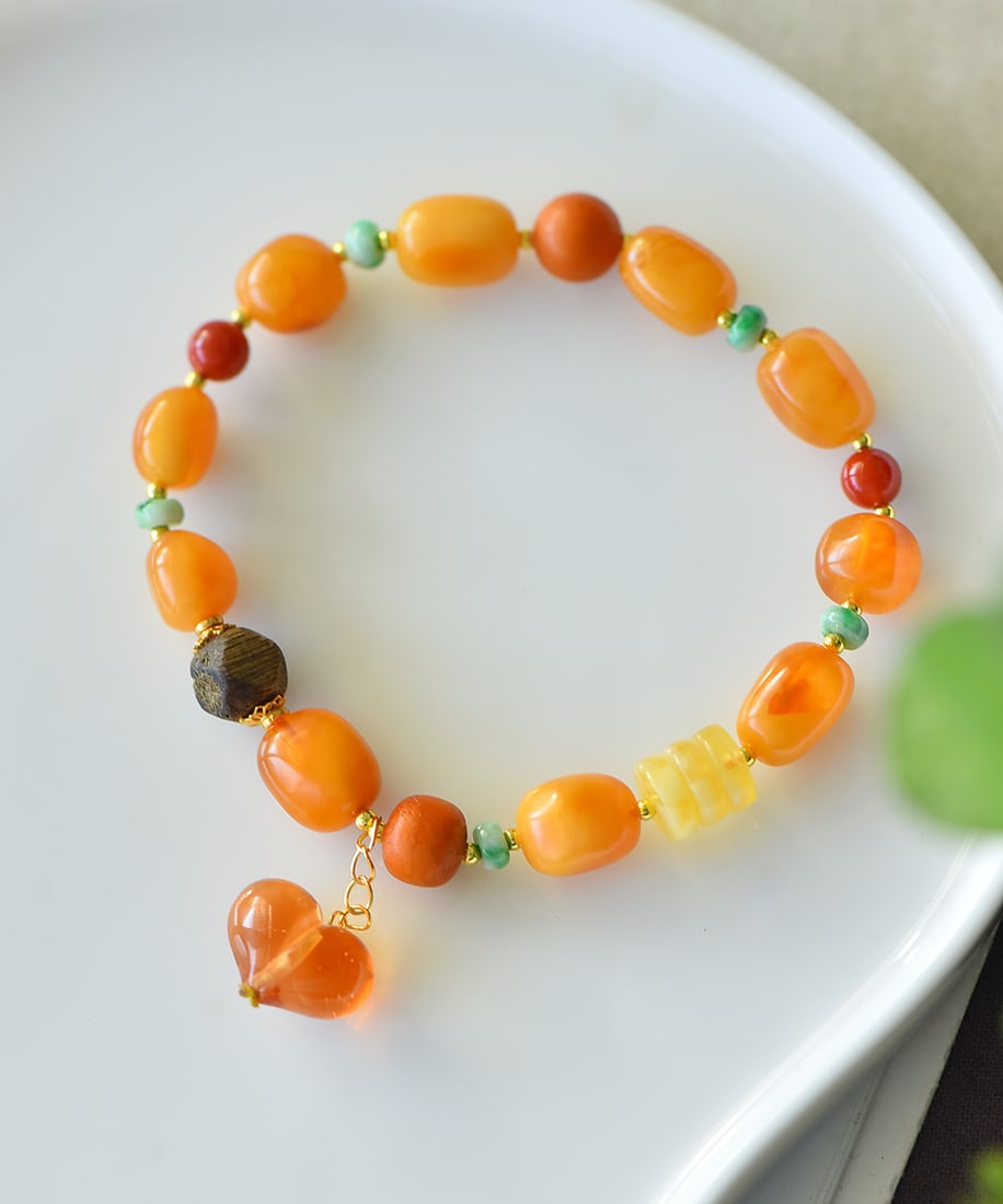 Hand knitting Yellow Beeswax,Chenxiang Wood,Agate,Jadeite Bracelet Bangle - 5