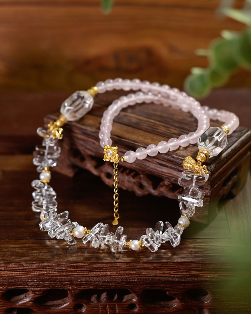 Natural White Crystal & Pink Crystal Necklace - 2
