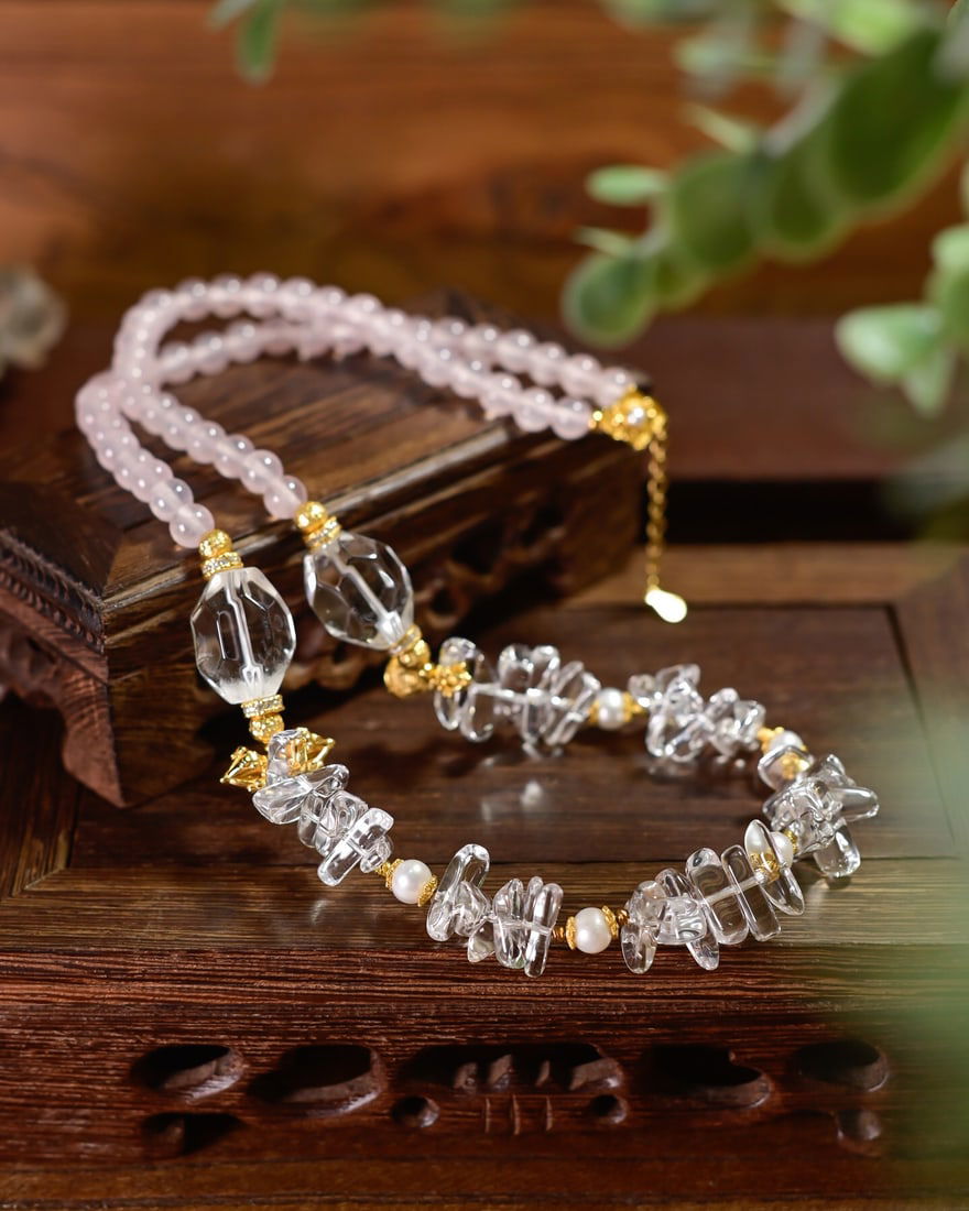 Natural White Crystal & Pink Crystal Necklace - 3