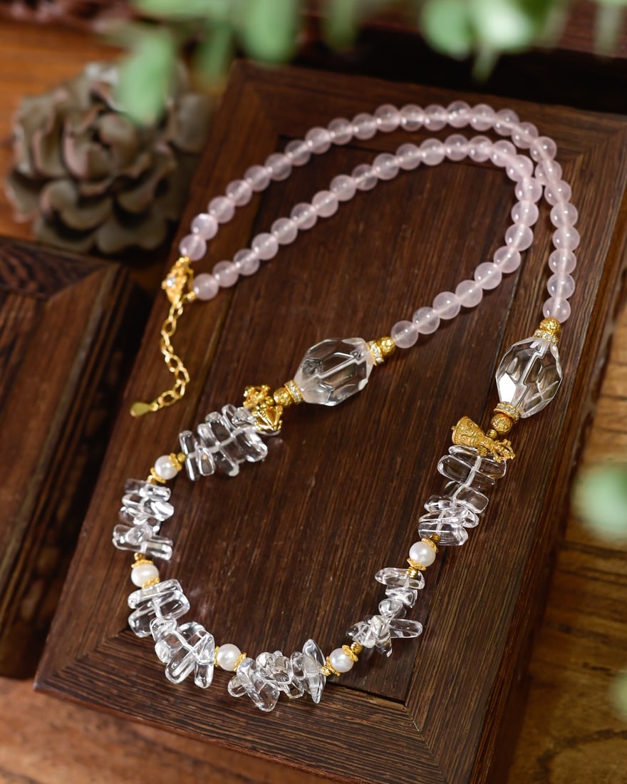 Natural White Crystal & Pink Crystal Necklace - 5