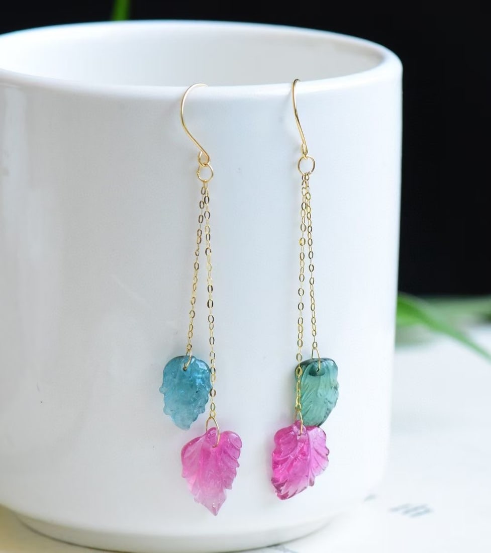 A Pair 18K Gold Inlay Tourmaline Earrings - 2