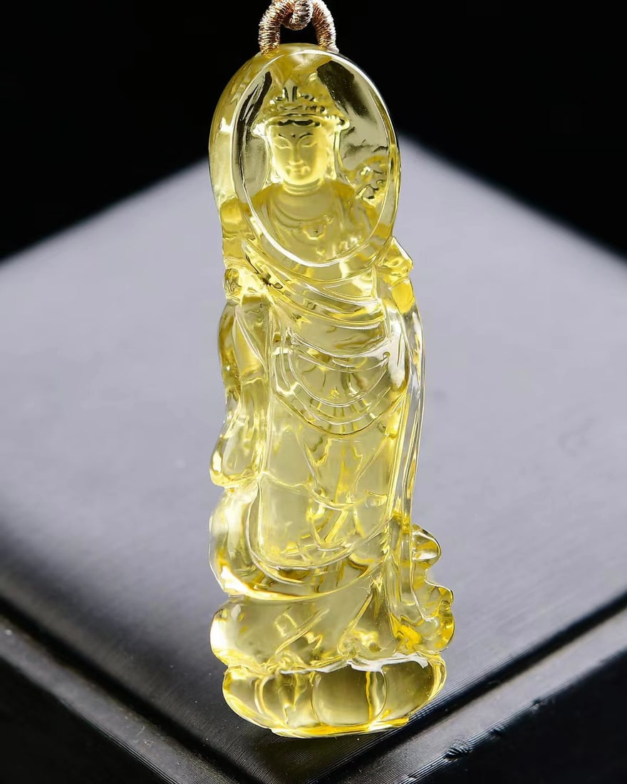 Yellow Crystal Hand-Carved Kwan-yin Pendant with Certificate - 2