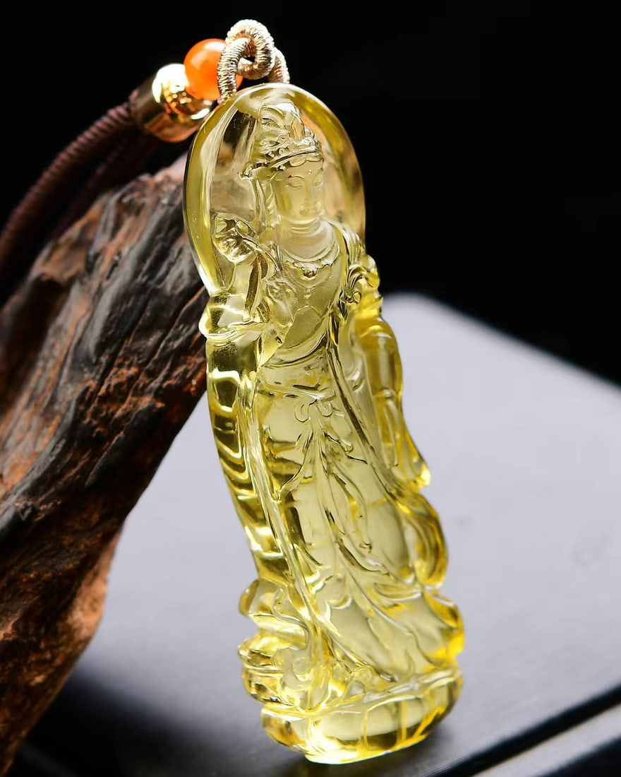 Yellow Crystal Hand-Carved Kwan-yin Pendant with Certificate - 3