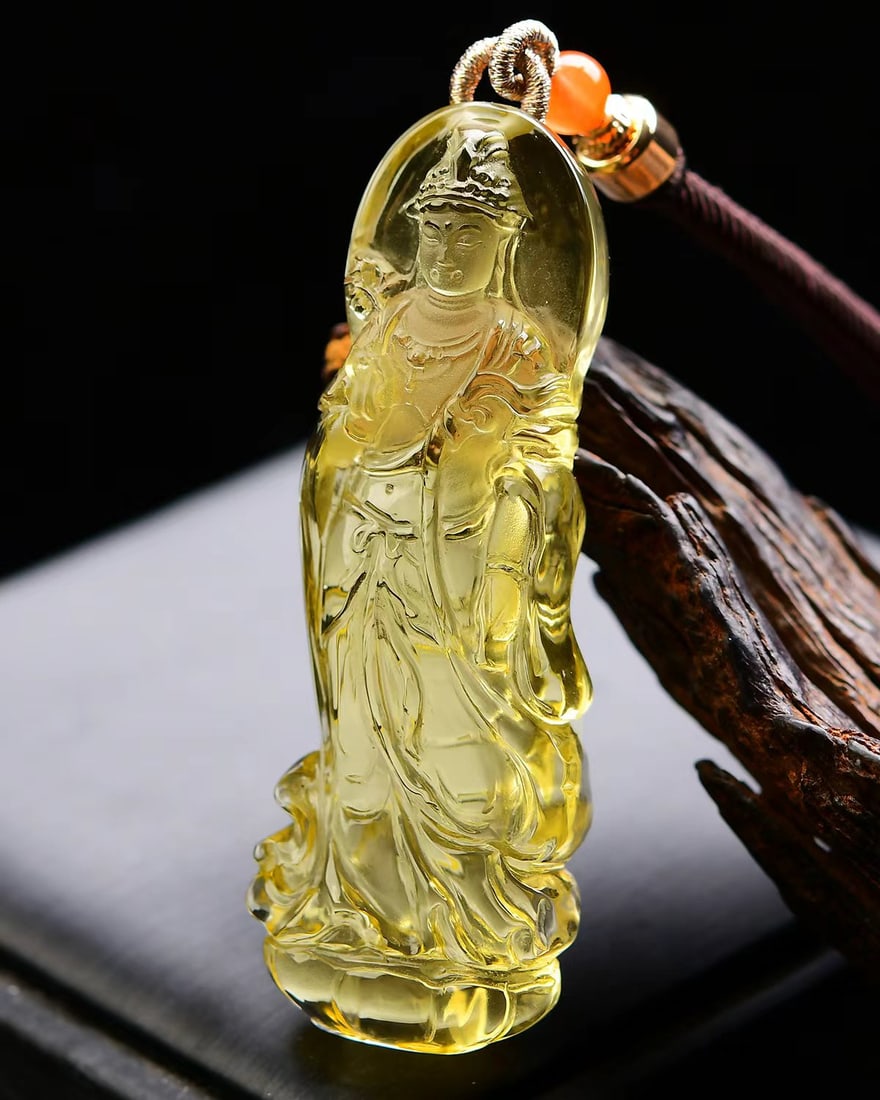 Yellow Crystal Hand-Carved Kwan-yin Pendant with Certificate - 4