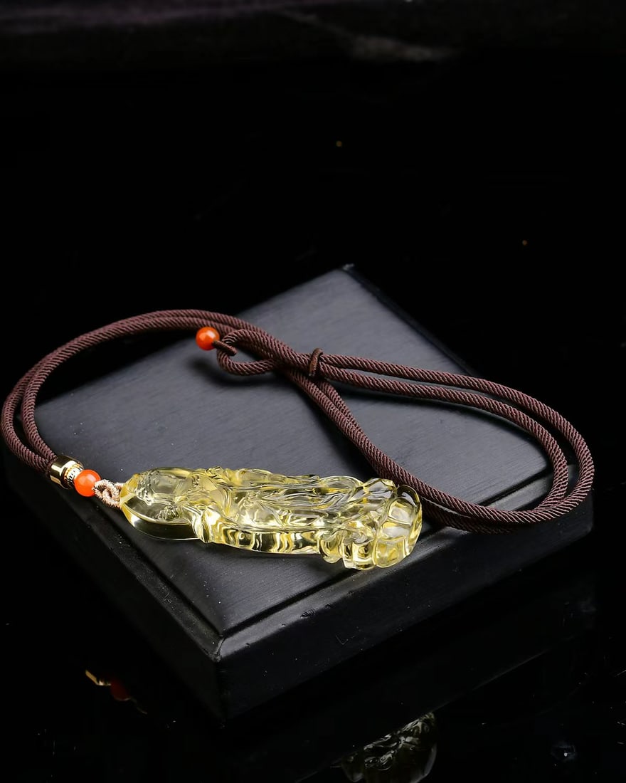 Yellow Crystal Hand-Carved Kwan-yin Pendant with Certificate - 5