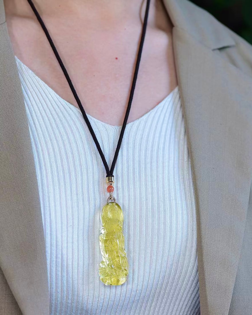 Yellow Crystal Hand-Carved Kwan-yin Pendant with Certificate - 6