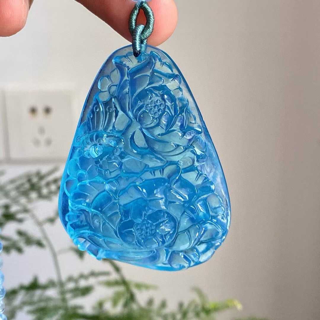 Natural Aquamarine Hand-Carved Peony Pendant with Certificate - 2