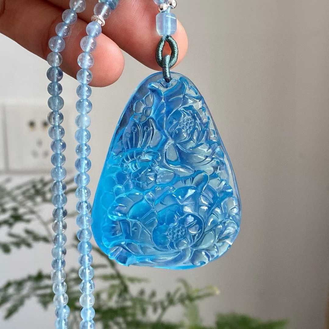 Natural Aquamarine Hand-Carved Peony Pendant with Certificate - 4
