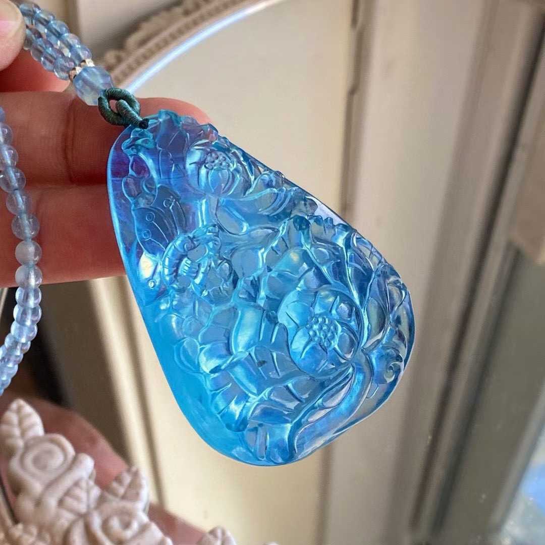 Natural Aquamarine Hand-Carved Peony Pendant with Certificate - 5